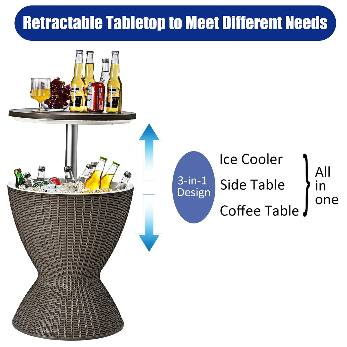 8 Gallon 3 in 1 Patio Rattan Cooler Bar Table Brown Z550762