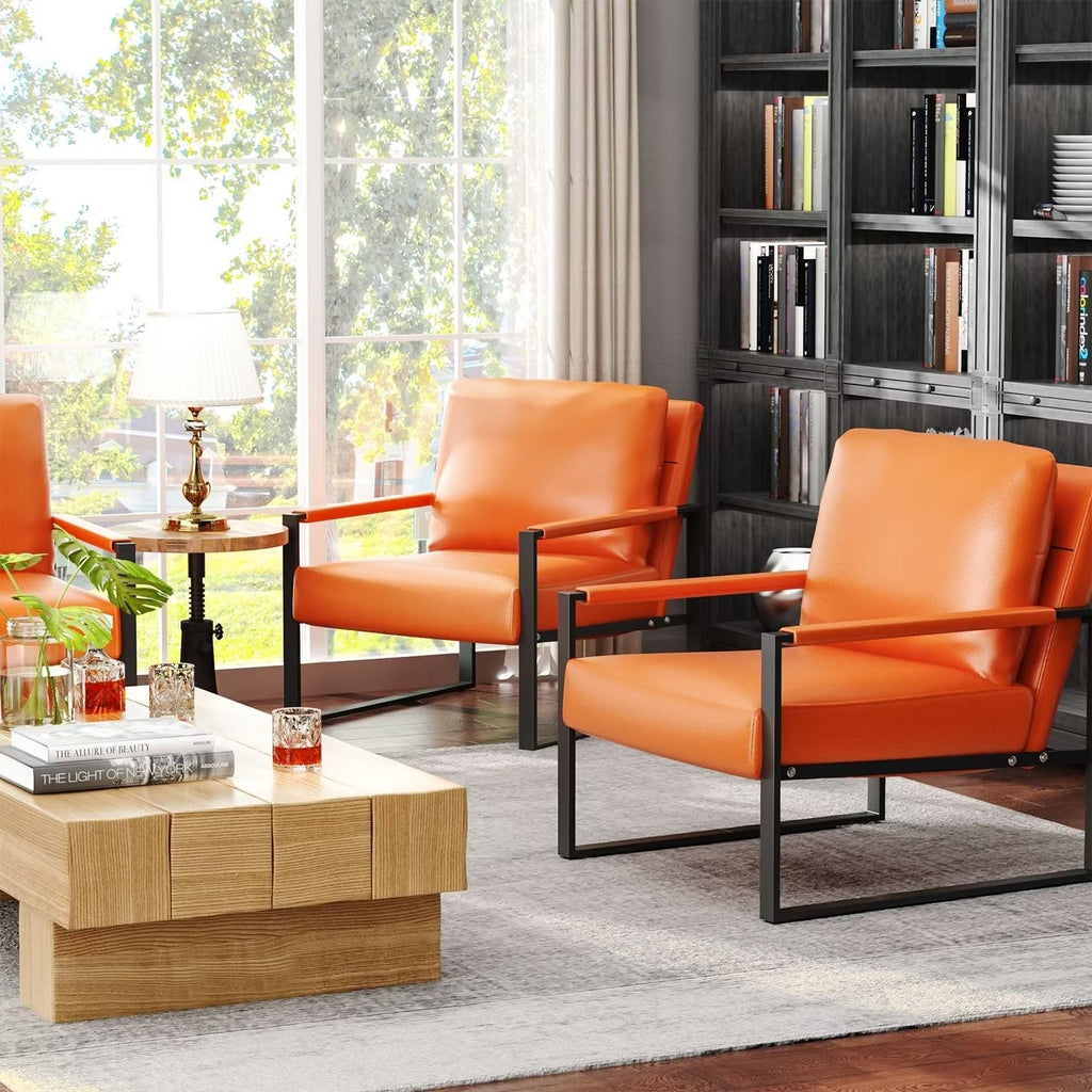 Set of 2 Orange PU Leather Armchairs with Steel Frame X21094