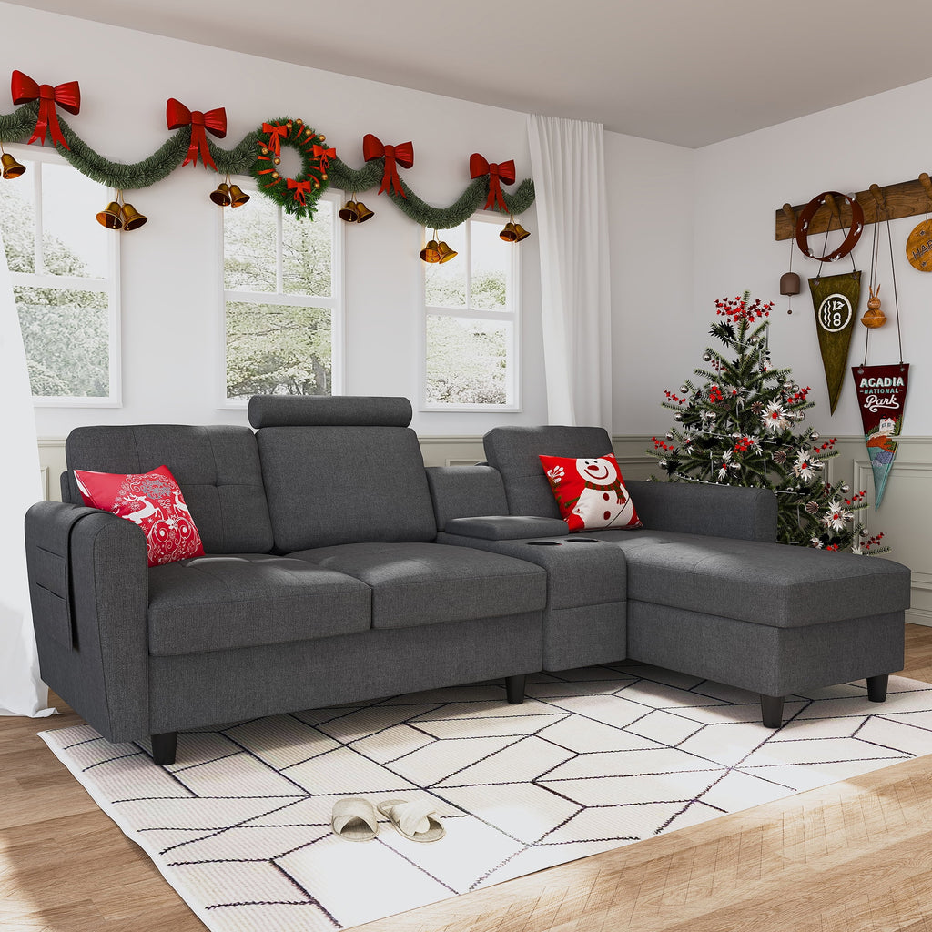 Dark Grey Upholstered L-Shaped Sectional Sofa with Cup Holders G609022