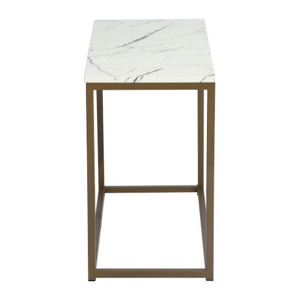 Open Rectangular Wood Side End Table, 28 Inch, Marble & Gold U1665