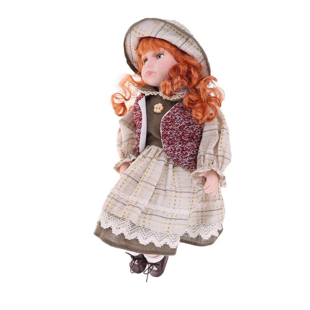 16inch Porcelain Doll Sitting People Figures in Clothes Hat Y94843