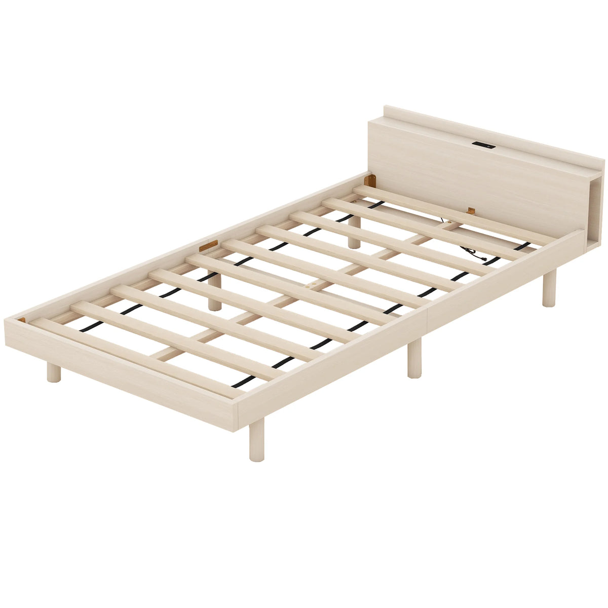 White Washed Wood Twin Size Platform Bed with Storage Headboard and USB Charging Port U920161