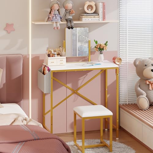 Gold and White Makeup Vanity Set with Rotating Mirror and PU Leather Chair R45418