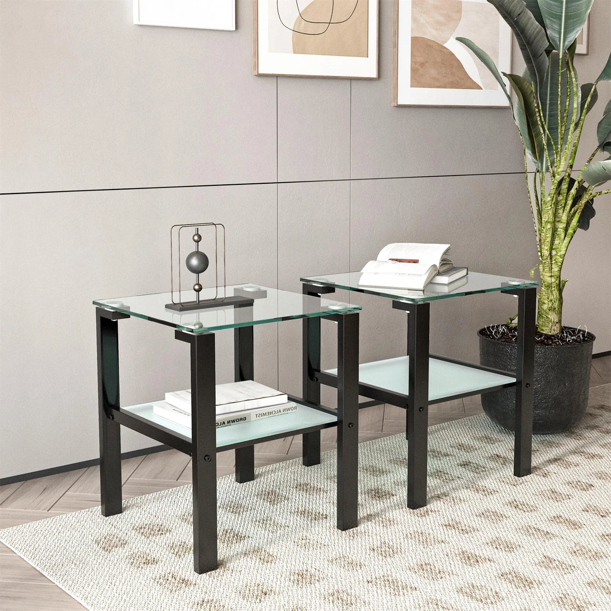 Set of 2 Tempered Glass Square Side Table Y542640