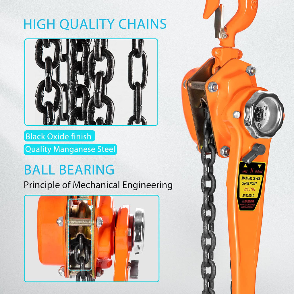 Lever Chain Hoist 1-1/2 Ton Capacity 10 Feet with 2 Hooks J471