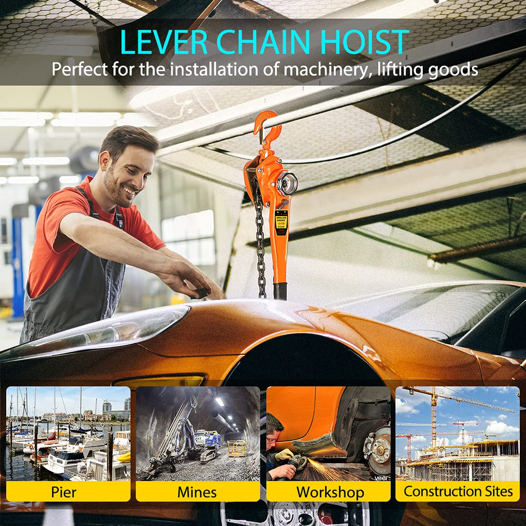 Lever Chain Hoist 1-1/2 Ton Capacity 10 Feet with 2 Hooks J471