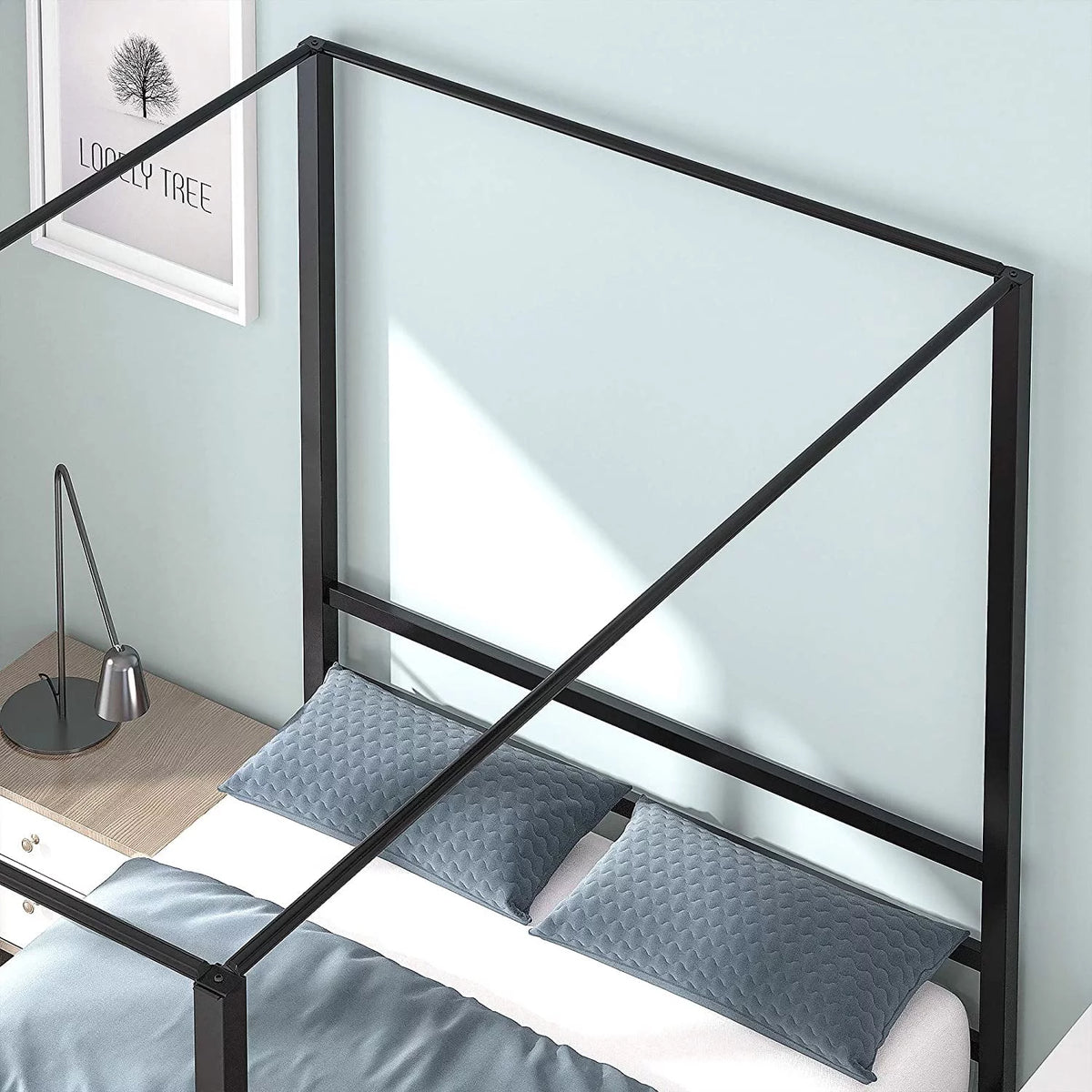 Metal Canopy Platform Bed with Headboard Black Full Size Y9920