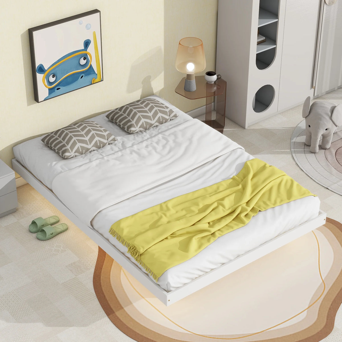 White Full Size Floating Bed Frame with LED Lights V5728