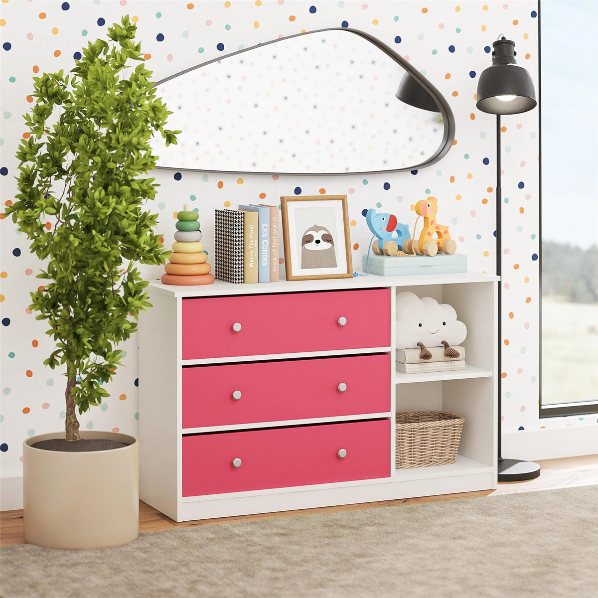White Wide Dresser with 3 Fabric Bins B92625
