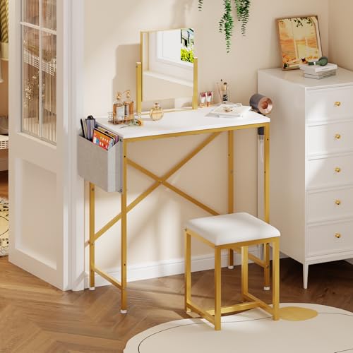 Gold and White Makeup Vanity Set with Rotating Mirror and PU Leather Chair R45418