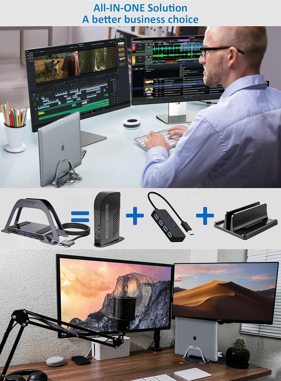 USB C Docking Station Dual Monitor 10 in 2 Dual Display USB C HUB with Vertical Stand Multiport USB C Adapter with Two 4K HDMI PD3.0 Ethernet USB M20973