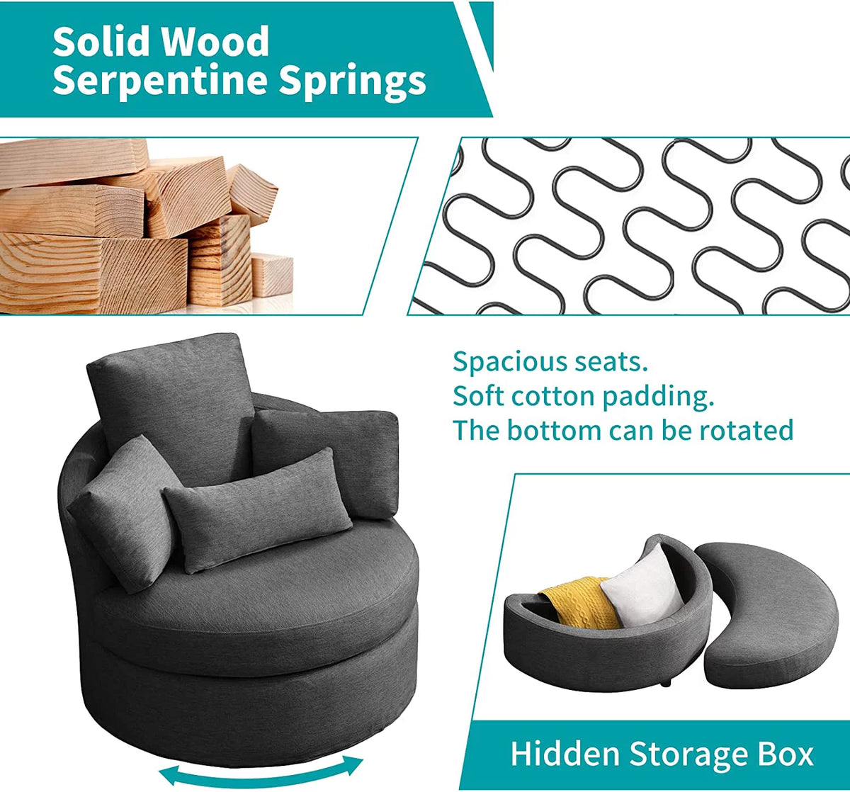 Dark Grey Linen Accent Barrel Sofa Chair with Storage Ottoman P5498