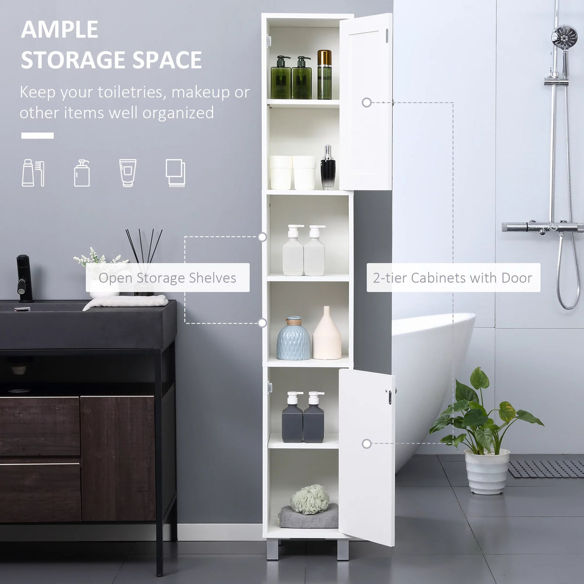 Tall White Wooden Bathroom Storage Cabinet with Mirror U6492