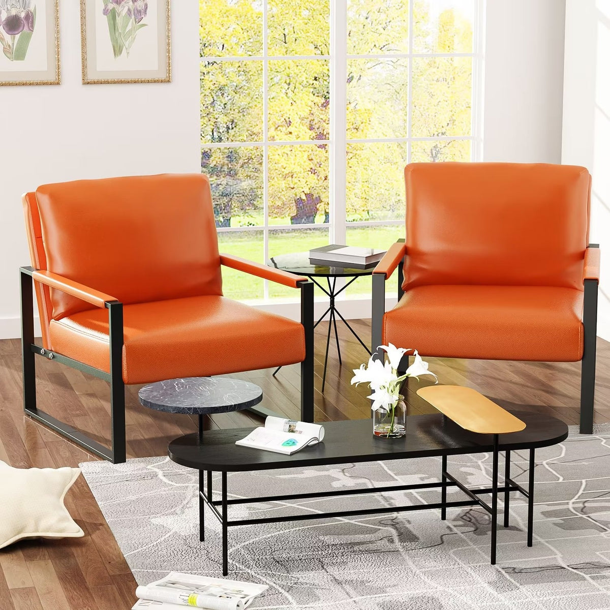 Set of 2 Orange PU Leather Armchairs with Steel Frame X21094