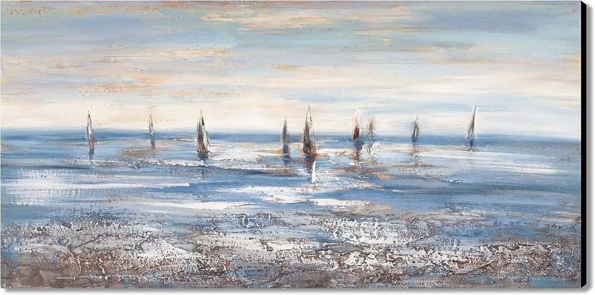 Abstract Sailboat Canvas Wall Art Grey And Blue Ocean Sailing Landscape Hand-Painting 24x48 Inch Unframe A21093