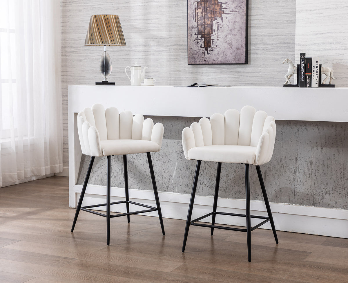 White Velvet Bar Stools Set of 2 with Metal Legs M502