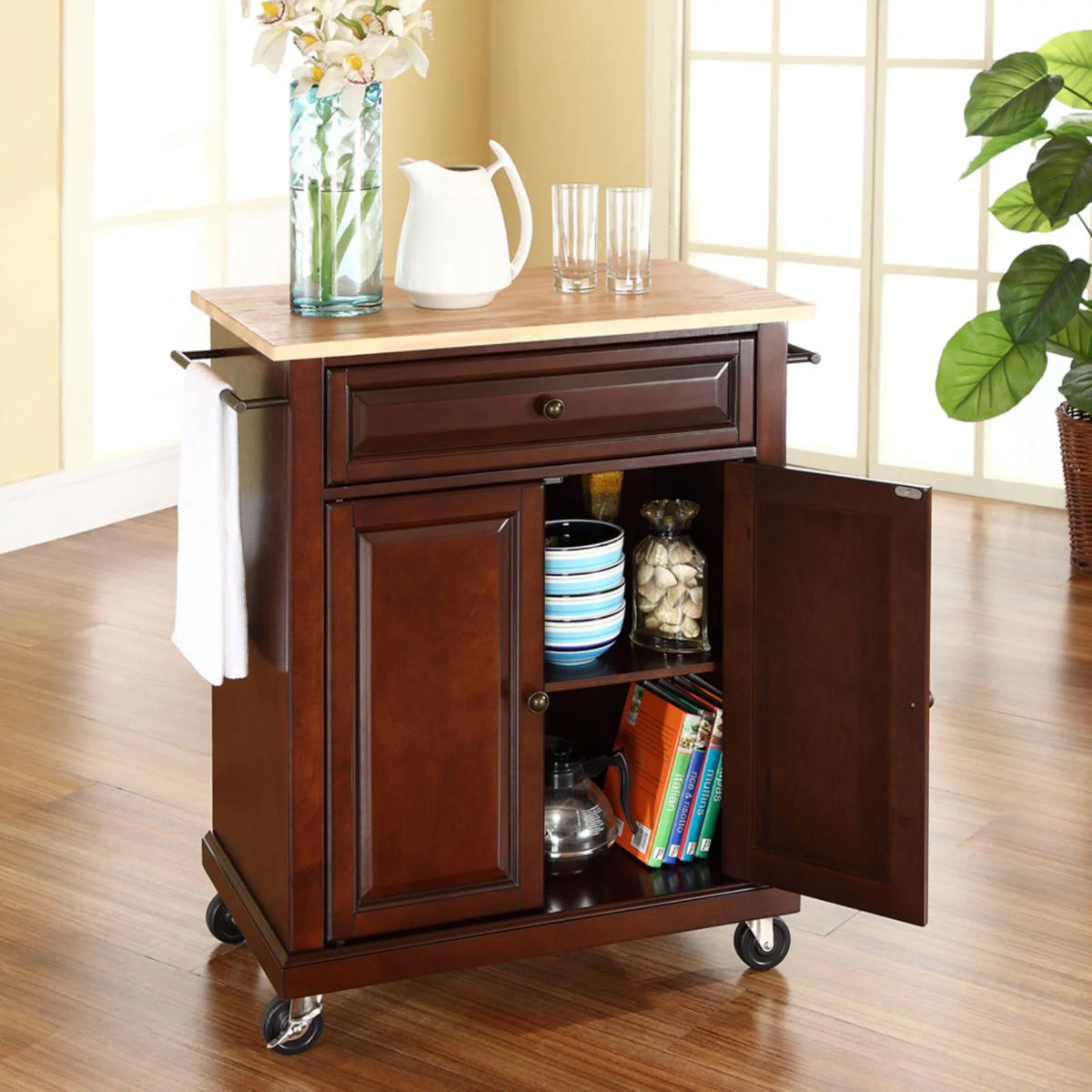 Natural Wood Top Portable Kitchen Cart X7333