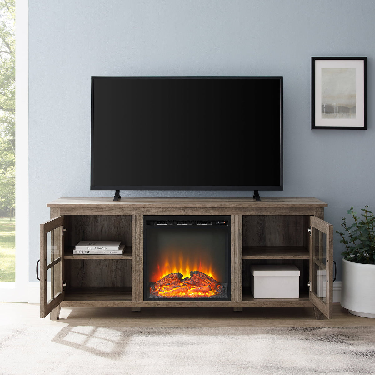 Grey Wash Glass-Door Fireplace TV Stand V82882