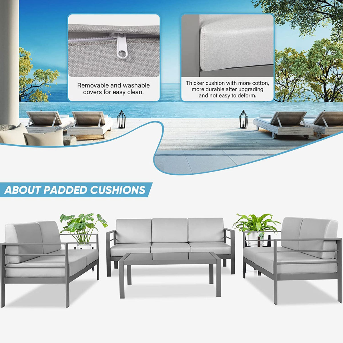 4 Pieces Metal Patio Sectional Sofa with Cushions and Coffee Table O847