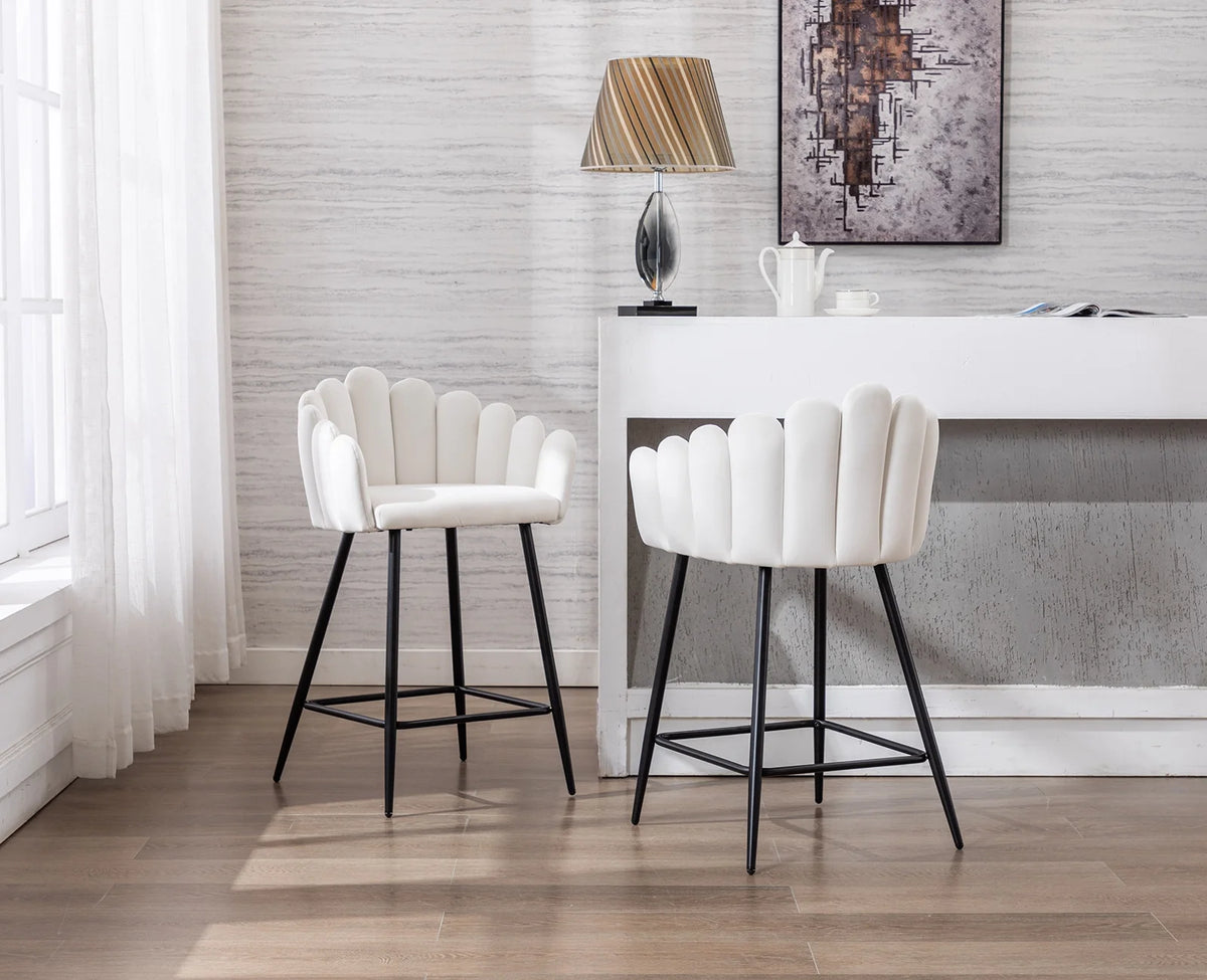 White Velvet Bar Stools Set of 2 with Metal Legs M502