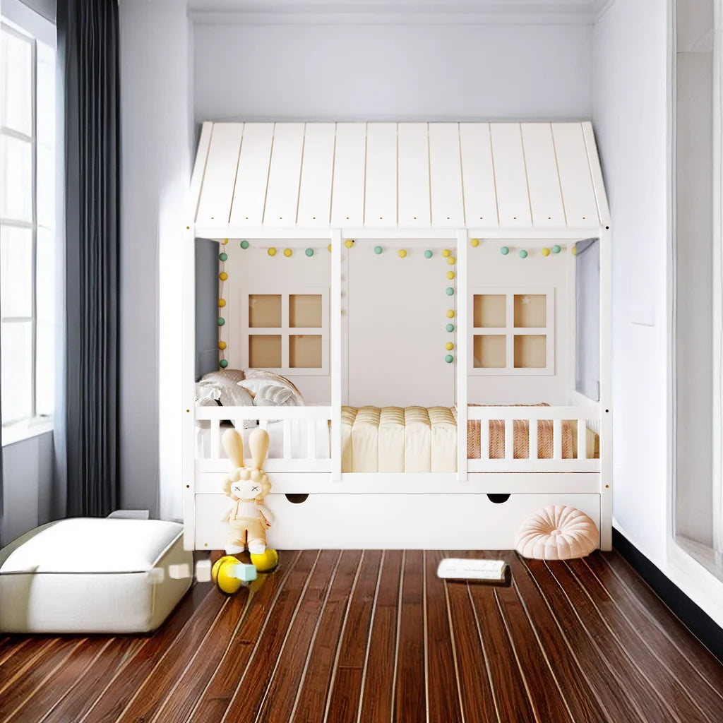 Full Size Wood House Bed with Twin Trundle U795087