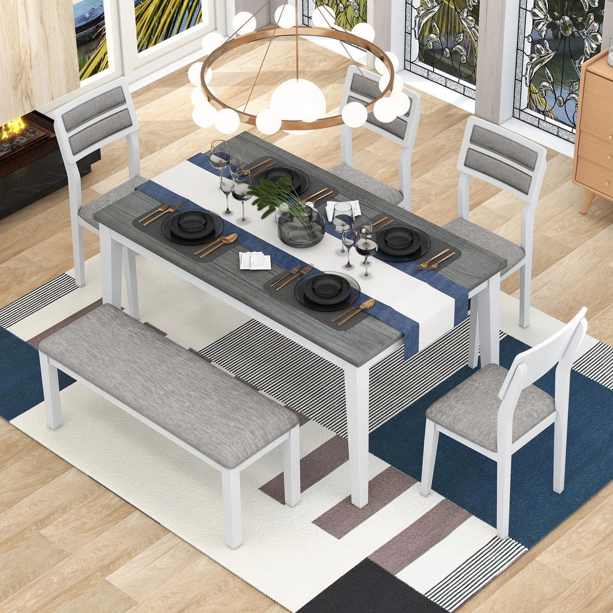 6 Piece Dining Table and Chair Set with 4 Upholstered Chairs and Bench L542