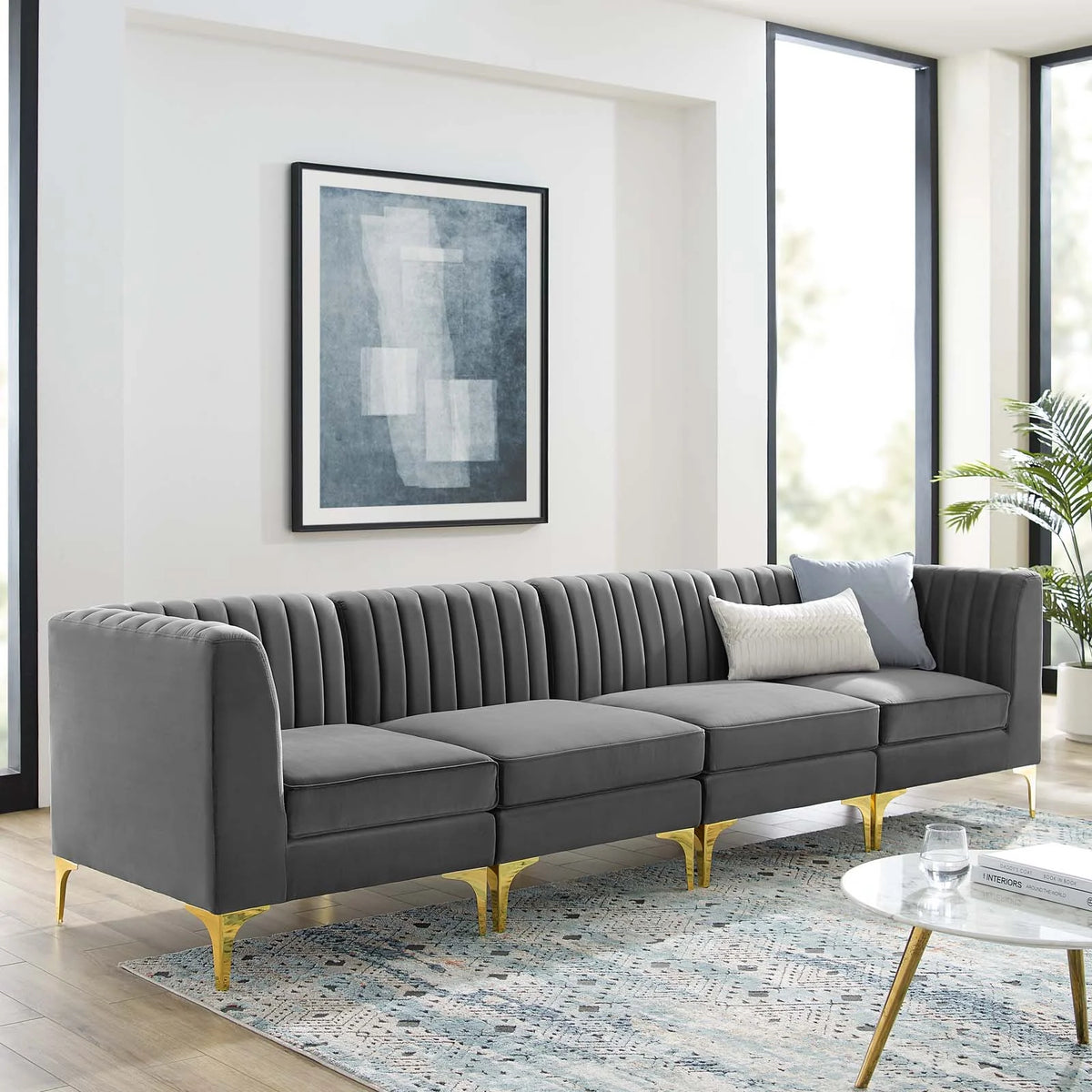 Gray Channel Tufted Performance Velvet 4-Seater Sofa O36474