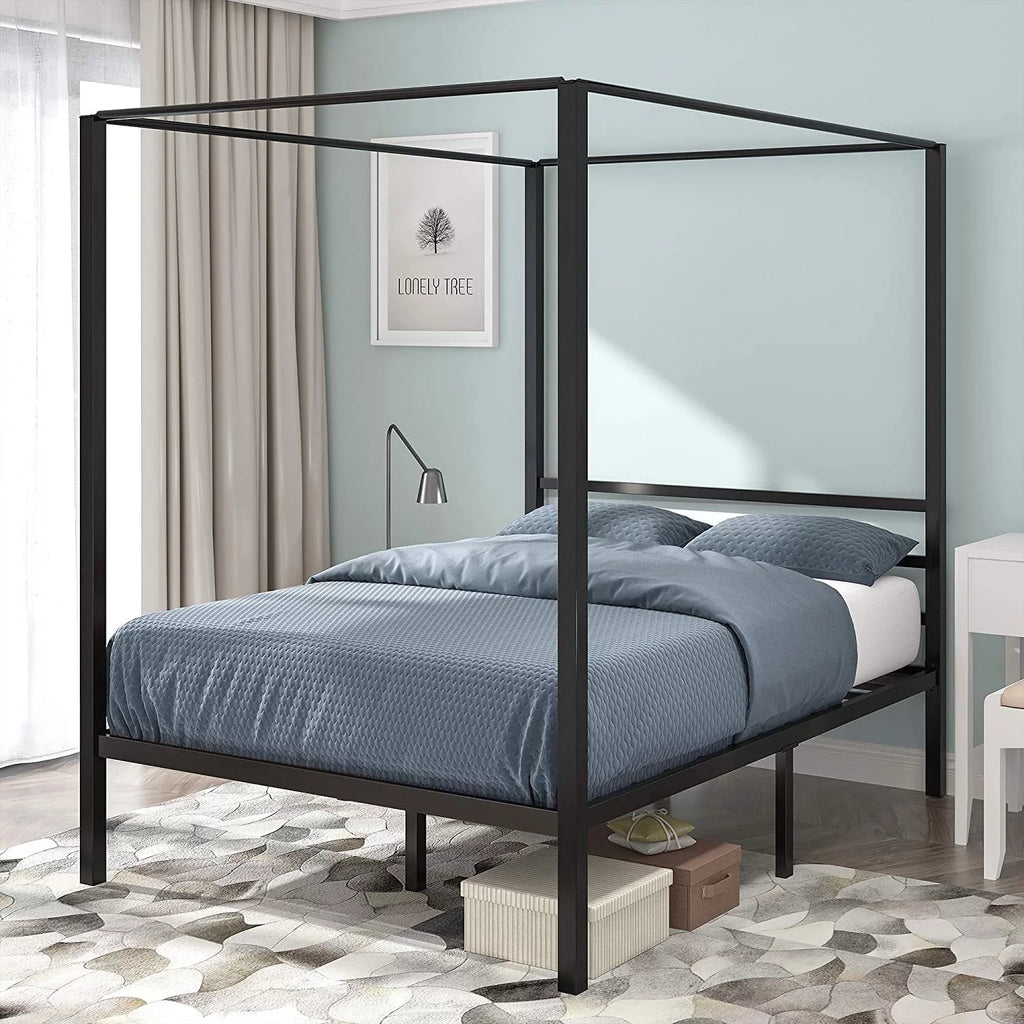 Metal Canopy Platform Bed with Headboard Black Full Size Y9920