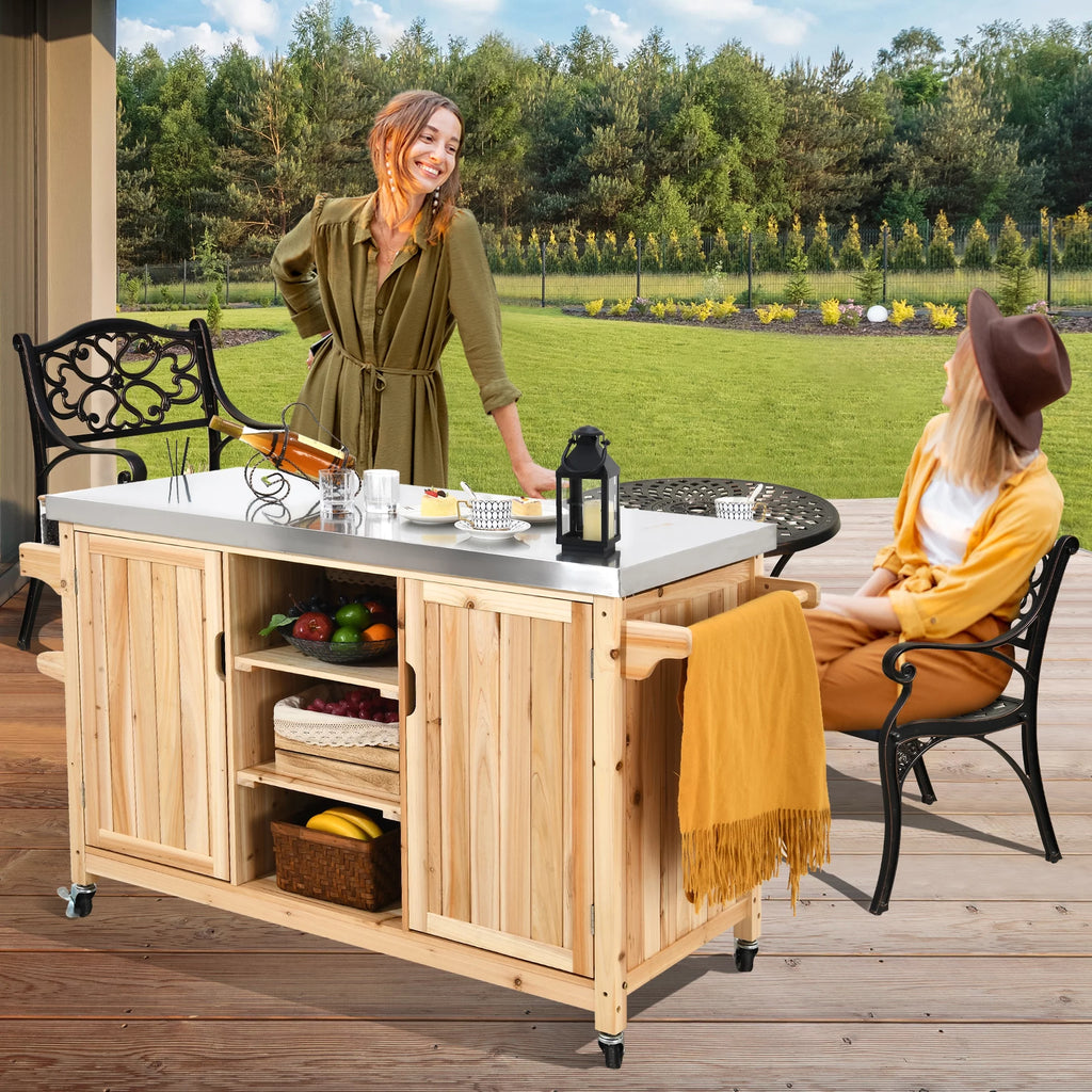 Solid Wood Outdoor Table and Storage Cabinet with Stainless Steel Top Y476237