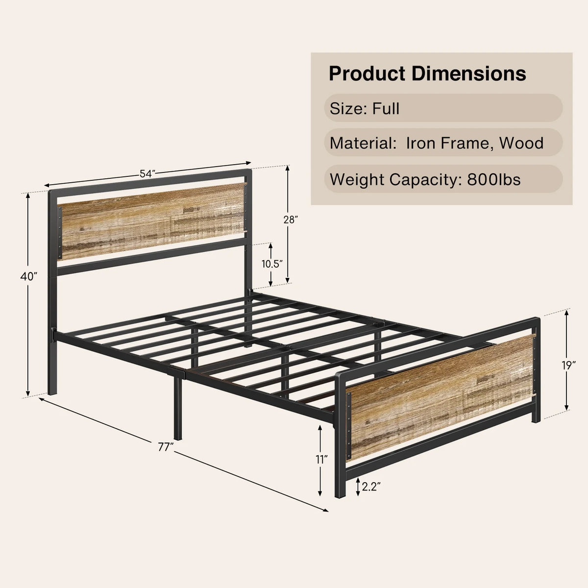 Full Size Bed Frame with Headboard, Under-Bed Storage, Gray S54047