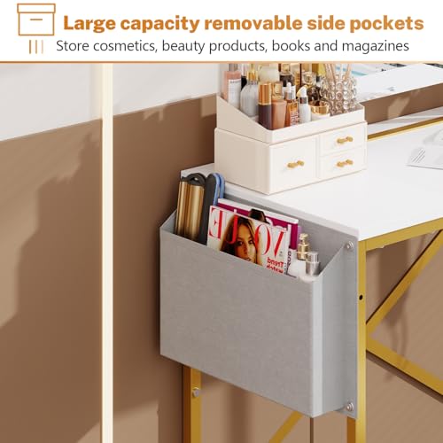 Gold and White Makeup Vanity Set with Rotating Mirror and PU Leather Chair R45418