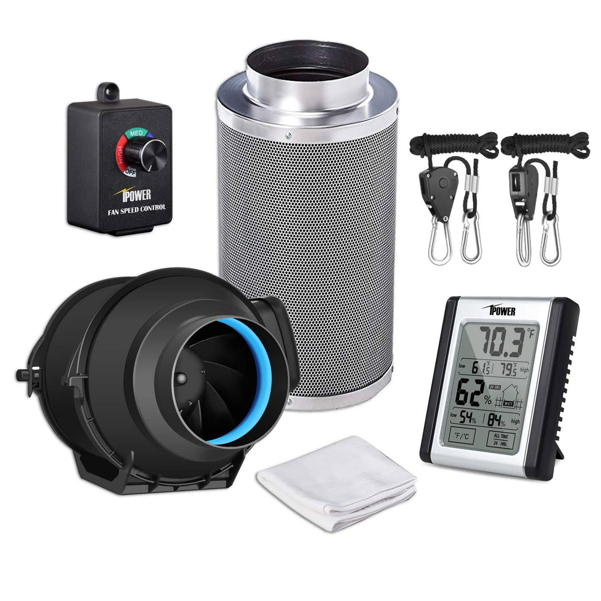 4 inch 150 CFM Inline Carbon Filter with Fan Speed Controller and Temperature Humidity Monitor P50245