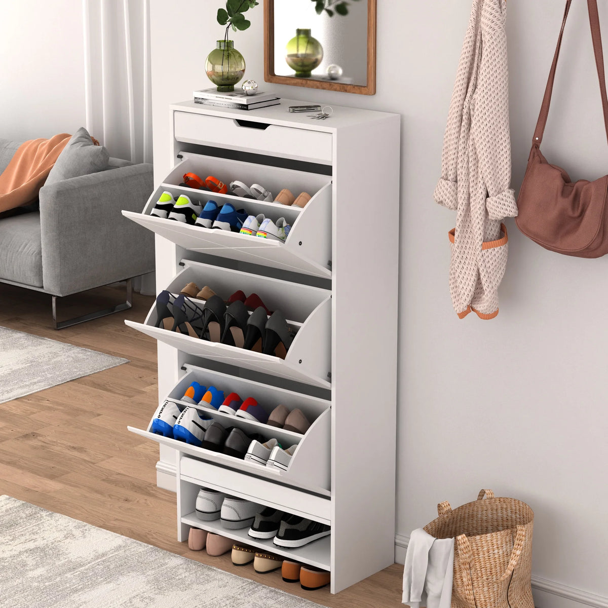 White 3 Flip Drawer Shoe Cabinet S208452