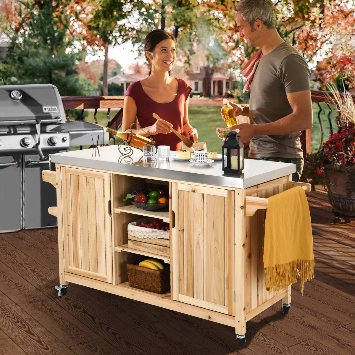 Solid Wood Outdoor Table and Storage Cabinet with Stainless Steel Top Y476237