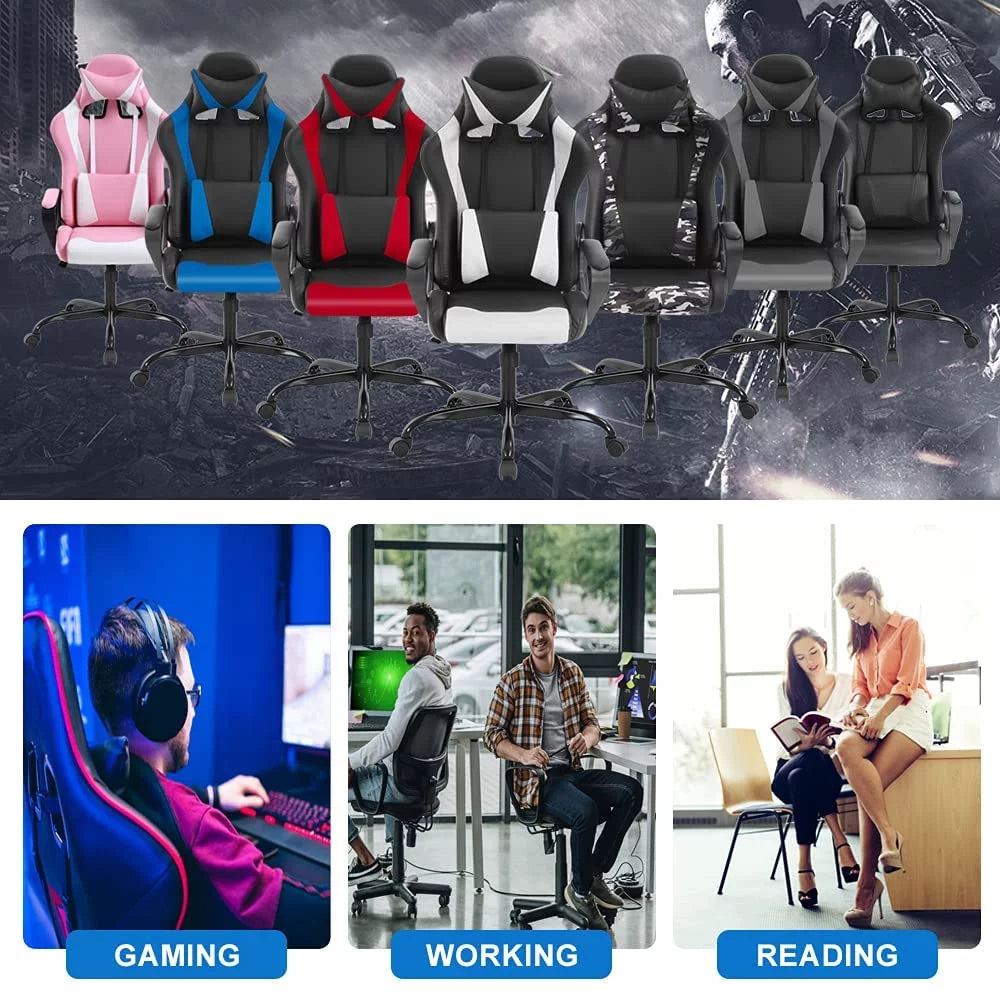 White Massage Gaming Chair with Headrest and Lumbar Support A479