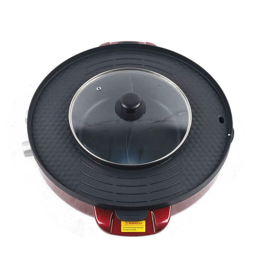 2 in 1 Electric Soup Shabu Pot Smokeless Grill Hot Pot 2200W Red L944