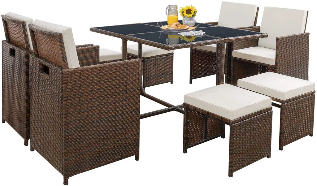 9 Pieces Outdoor Dining Set Wicker Chairs with Glass Table N44830