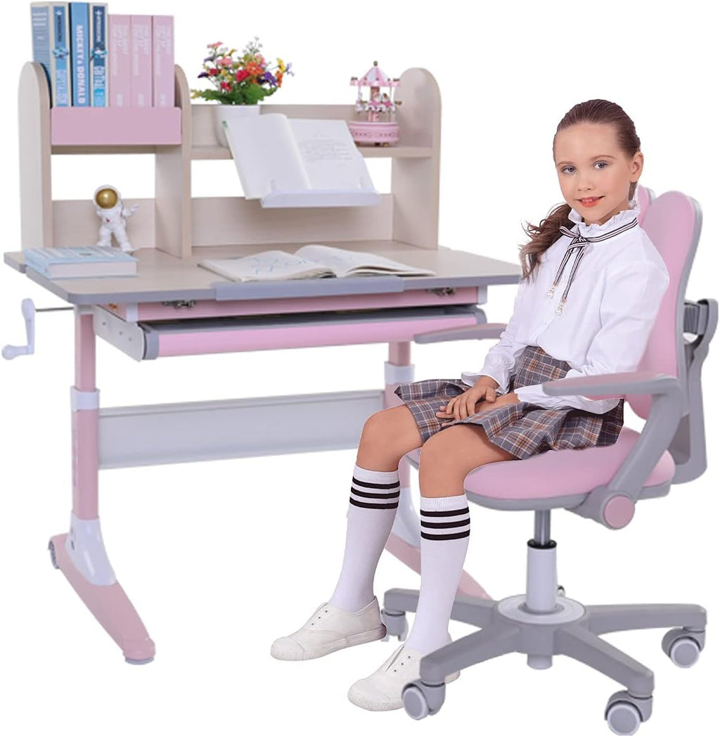 Pink Height Adjustable Ergonomic Kids Study Desk and Chair Set with Drawer and Bookshelf C222